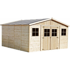 TIMBELA Cobertizo de Madera para jardín con Base - 418x420cm/16m2 Cobertizo de Madera Natural - Taller de Jardín - Bicicleta, Almacenamiento de Herramientas M330+M330G